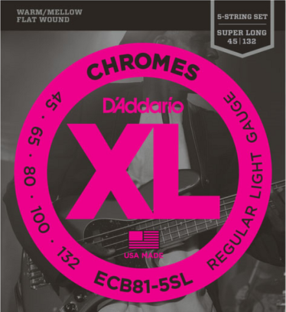 D'Addario Chromes 5-String, Light, Super Long Scale, 45-132 Bass Guitar Strings - ECB81-5SL