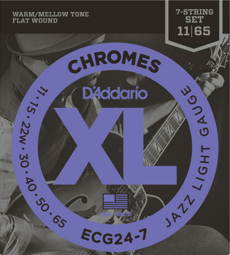 D'Addario Chromes Flat Wound, 7-String, Jazz Light, 11-65 Electric Guitar Strings - ECG24-7