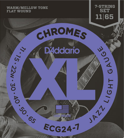 D'Addario Chromes Flat Wound, 7-String, Jazz Light, 11-65 Electric Guitar Strings - ECG24-7