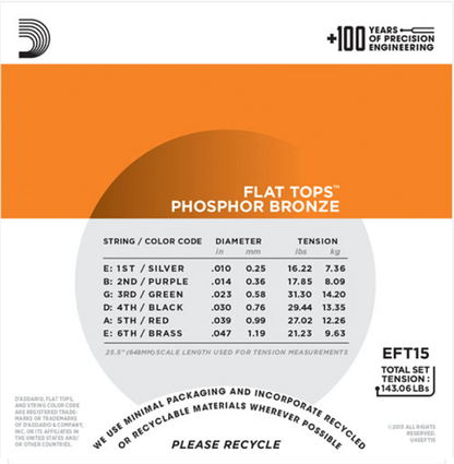 D'Addario Flat Tops, Extra Light, 10-47 Acoustic Guitar Strings