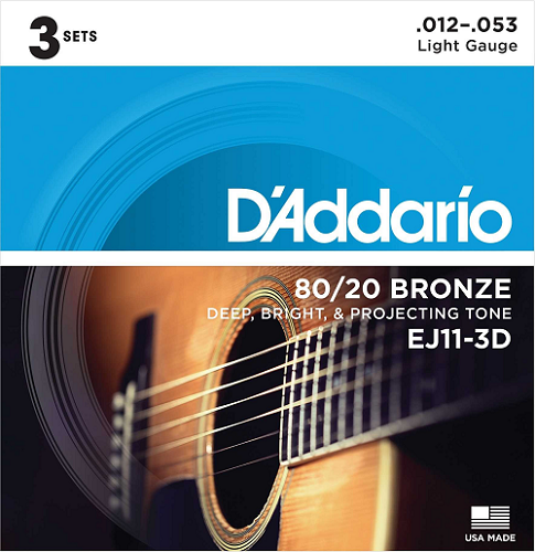 D'Addario  80/20 Bronze, Light, 12-53 Acoustic Guitar Strings - EJ11 3-PACK