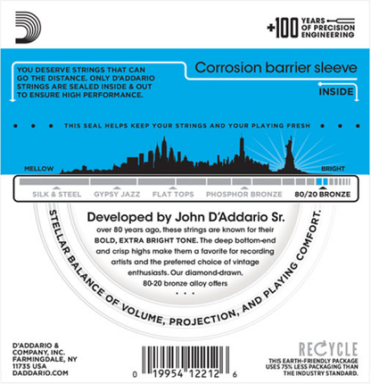 D'Addario  80/20 Bronze, Light, 12-53 Acoustic Guitar Strings - EJ11 3-PACK