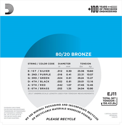 D'Addario  80/20 Bronze, Light, 12-53 Acoustic Guitar Strings - EJ11 3-PACK