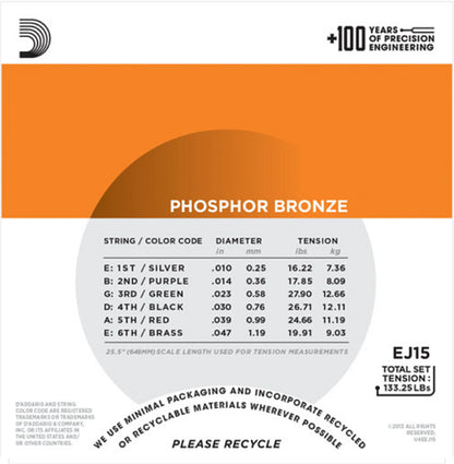 D'Addario  Phosphor Bronze, Extra Light, 10-47 Acoustic Guitar Strings (3-Sets) EJ15-3D