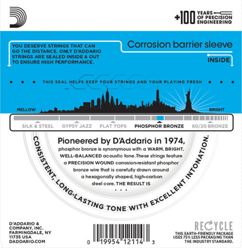 D'Addario Phosphor Bronze, Light, 12-53 Acoustic Guitar Strings (10-Sets) EJ16-10P