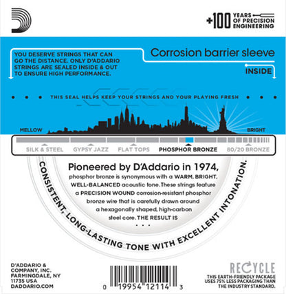 D'Addario Phosphor Bronze, Light, 12-53 Acoustic Guitar Strings (10-Sets) EJ16-10P