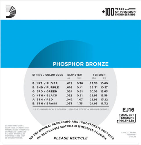D'Addario Phosphor Bronze, Light, 12-53 Acoustic Guitar Strings (10-Sets) EJ16-10P