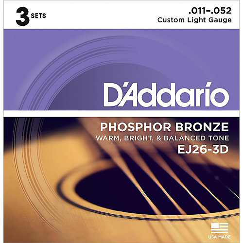 D'Addario  Phospher Bronze, Custom Light, 11-52 Acoustic Guitar Strings (3 Sets) EJ26-3D