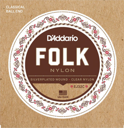 D'Addario Folk Nylon, Ball END, Silver Wound/CLEAR Nylon Trebles Classical Guitar Strings