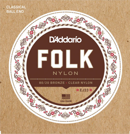 D'Addario Folk Nylon, Ball END, 80/20 Bronze / Clear Nylon Trebles Classical Guitar Strings