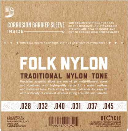 D'Addario Folk Nylon, Ball END, 80/20 Bronze / Black Nylon Trebles Classical Guitar Strings