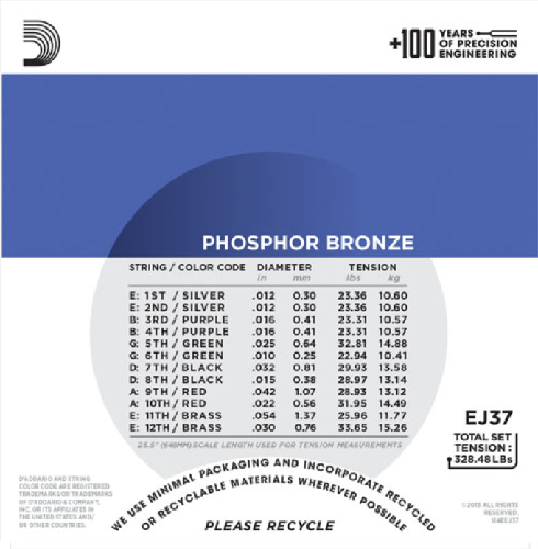 D'Addario Phosphor Bronze, 12-String, Medium Top/Heavy Bottom, 12-54 Acoustic Guitar Strings EJ37
