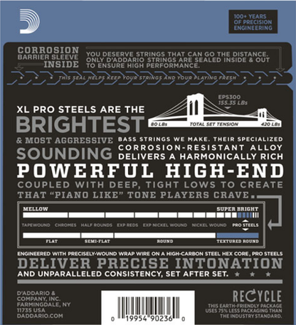 D'Addario PROSTEELS, Custom Light Top/Medium Bottom, Tapered Long Scale, 43-107 Bass Guitar Strings