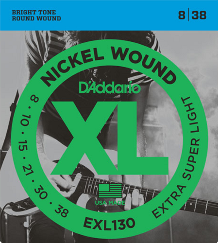 D'Addario Nickel Wound, Extra Super Light, 8-38 Electric Guitar Strings - EXL130
