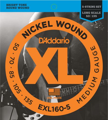 D'Addario  Nickel Wound 5-String, Medium, Long Scale, 50-135 Bass Guitar Strings