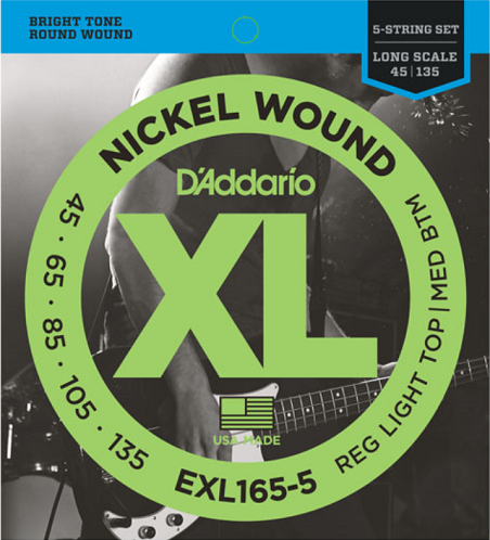 D'Addario Nickel Wound 5-String, Custom Light, Long Scale, 45-135 Bass Guitar Strings EXL165-5
