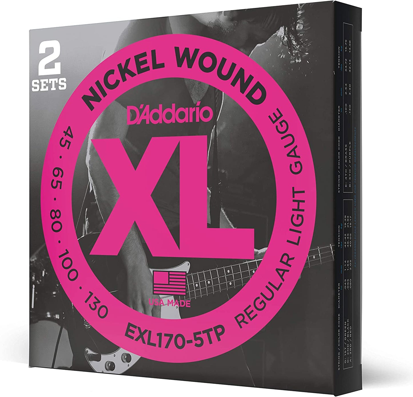 D'Addario Nickel Wound 5-String, Light, Long Scale 45-130 Bass Guitar Strings - EXL170-5TP 2-PACK