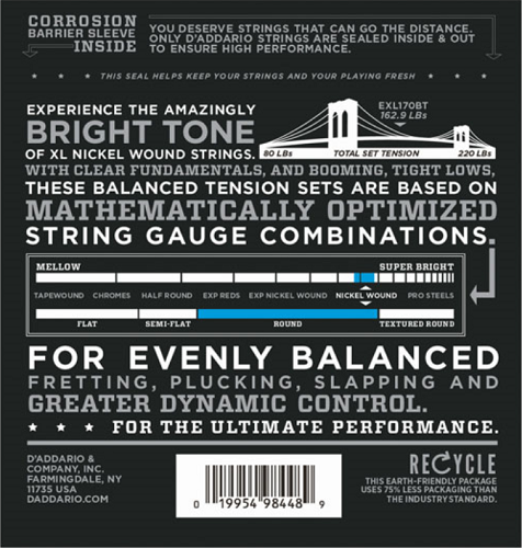 D'Addario Nickel Wound, Balanced Tension Regular Light,  .45-107 Bass Guitar Strings