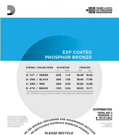 D'Addario Coated Phosphor Bronze, Short Scale, 45-100 Acoustic Bass Guitar Strings