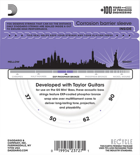 D'Addario Coated Phosphor Bronze, Taylor GS Mini Scale, 37-90 Acoustic Bass Guitar Strings