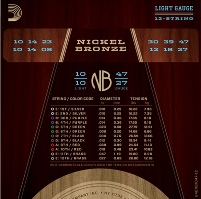 D'Addario Nickel Bronze 12-String, Light, 10-47 Acoustic Guitar Strings