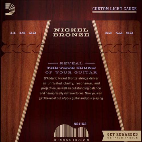 D'Addario Nickel Bronze, Custom Light, 11-52 Acoustic Guitar Strings