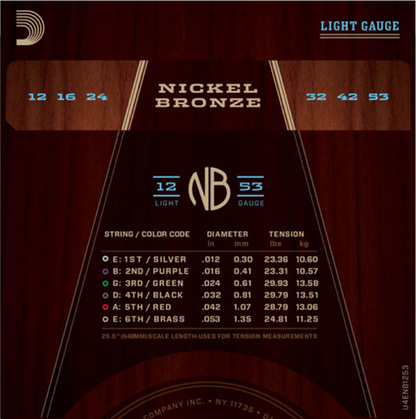 D'Addario  Nickel Bronze, Light, 12-53 Acoustic Guitar Strings