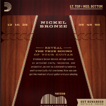 D'Addario  Nickel Bronze, Light Top/Medium Bottom, 12-56 Acoustic Guitar Strings