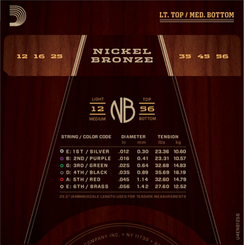 D'Addario  Nickel Bronze, Light Top/Medium Bottom, 12-56 Acoustic Guitar Strings