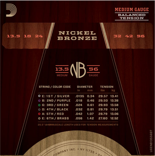 D'Addario  Nickel Bronze, Balanced Tension Medium, 13.5-56 Acoustic Guitar Strings