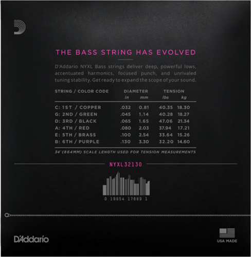 D'Addario Long Scale, Regular Light 6-String, 32-130  Bass Guitar Strings