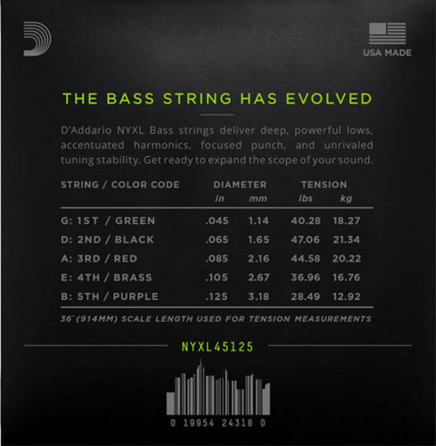 D'Addario Long Scale, Light Top/Medium Bottom, 5-String, 45-125 Bass Guitar Strings