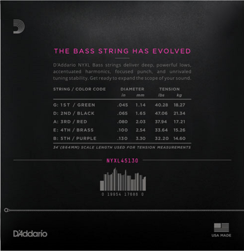 D'Addario Long Scale, Regular Light 5-String,  45-130  Bass Guitar Strings