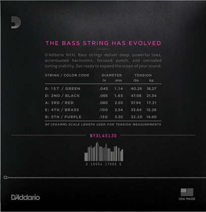 D'Addario Long Scale, Regular Light 5-String,  45-130  Bass Guitar Strings