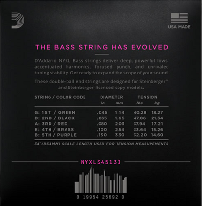 D'Addario NYXL 5-String, Long Scale, Regular Light, Double Ball END, 45-130 Bass Guitar Strings