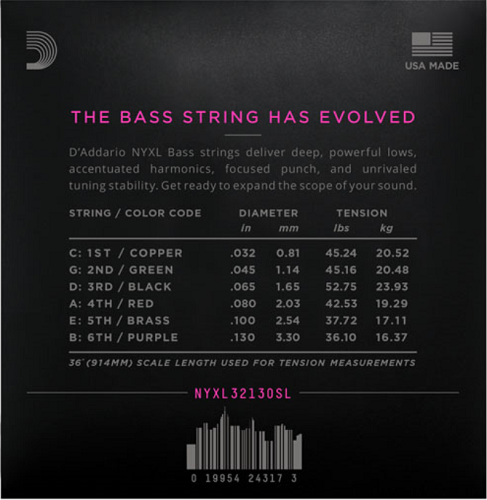 D'Addario Super Long Scale, Regular Light, 6-String, 32-130 Bass Guitar Strings
