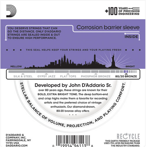 D'Addario 80/20 Bronze, Custom Light, 11-52  Acoustic Guitar Strings - EJ13