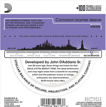 D'Addario 80/20 Bronze, Custom Light, 11-52  Acoustic Guitar Strings - EJ13