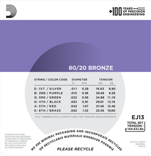 D'Addario 80/20 Bronze, Custom Light, 11-52  Acoustic Guitar Strings - EJ13
