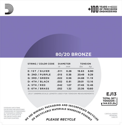 D'Addario 80/20 Bronze, Custom Light, 11-52  Acoustic Guitar Strings - EJ13