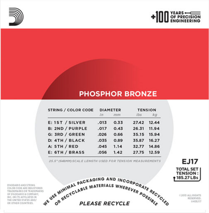D'Addario Phosphor Bronze, Medium, 13-56 Acoustic Guitar Strings (25-Sets) EJ17-B25