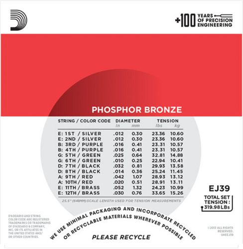 D'Addario Phosphor Bronze, 12-String, Medium, 12-52 Acoustic Guitar Strings EJ39