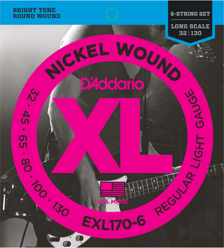 D'Addario Nickel Wound 6-String, Light, Long Scale, 32-130 Bass Guitar Strings