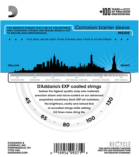D'Addario  Coated Phosphor Bronze 5-String, Long Scale, 45-130 Acoustic Bass Guitar Strings