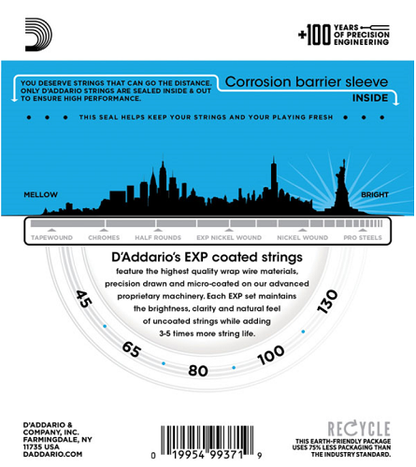 D'Addario  Coated Phosphor Bronze 5-String, Long Scale, 45-130 Acoustic Bass Guitar Strings