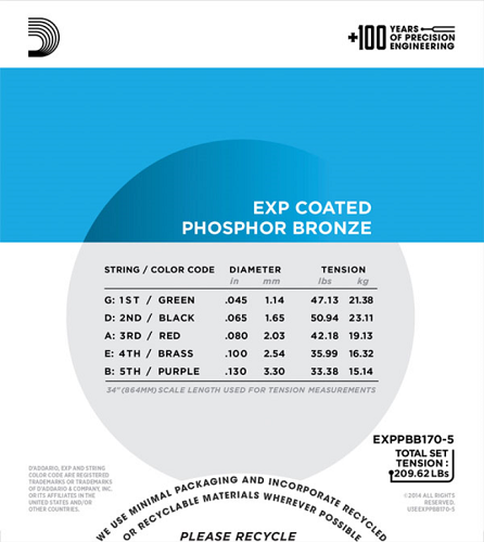 D'Addario  Coated Phosphor Bronze 5-String, Long Scale, 45-130 Acoustic Bass Guitar Strings
