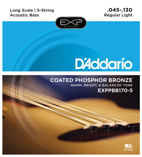 D'Addario  Coated Phosphor Bronze 5-String, Long Scale, 45-130 Acoustic Bass Guitar Strings